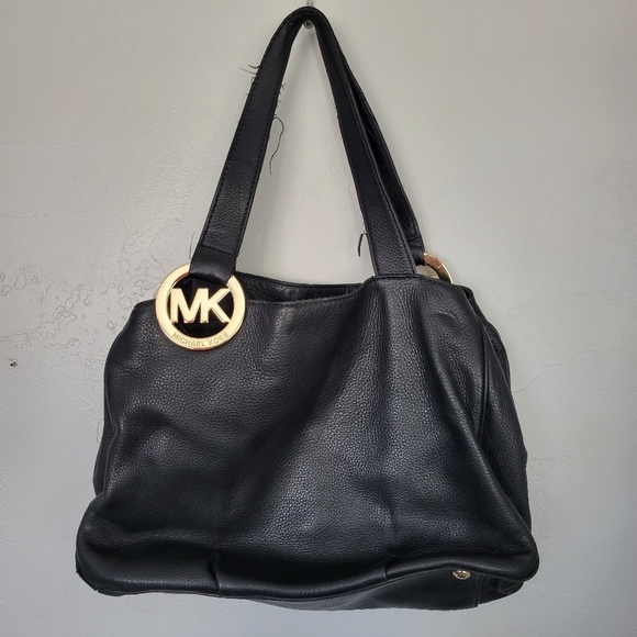Michael Kors MK Black Pebbled Leather Shoulder Bag Purse Gold Designer Large - Picture 12 of 14